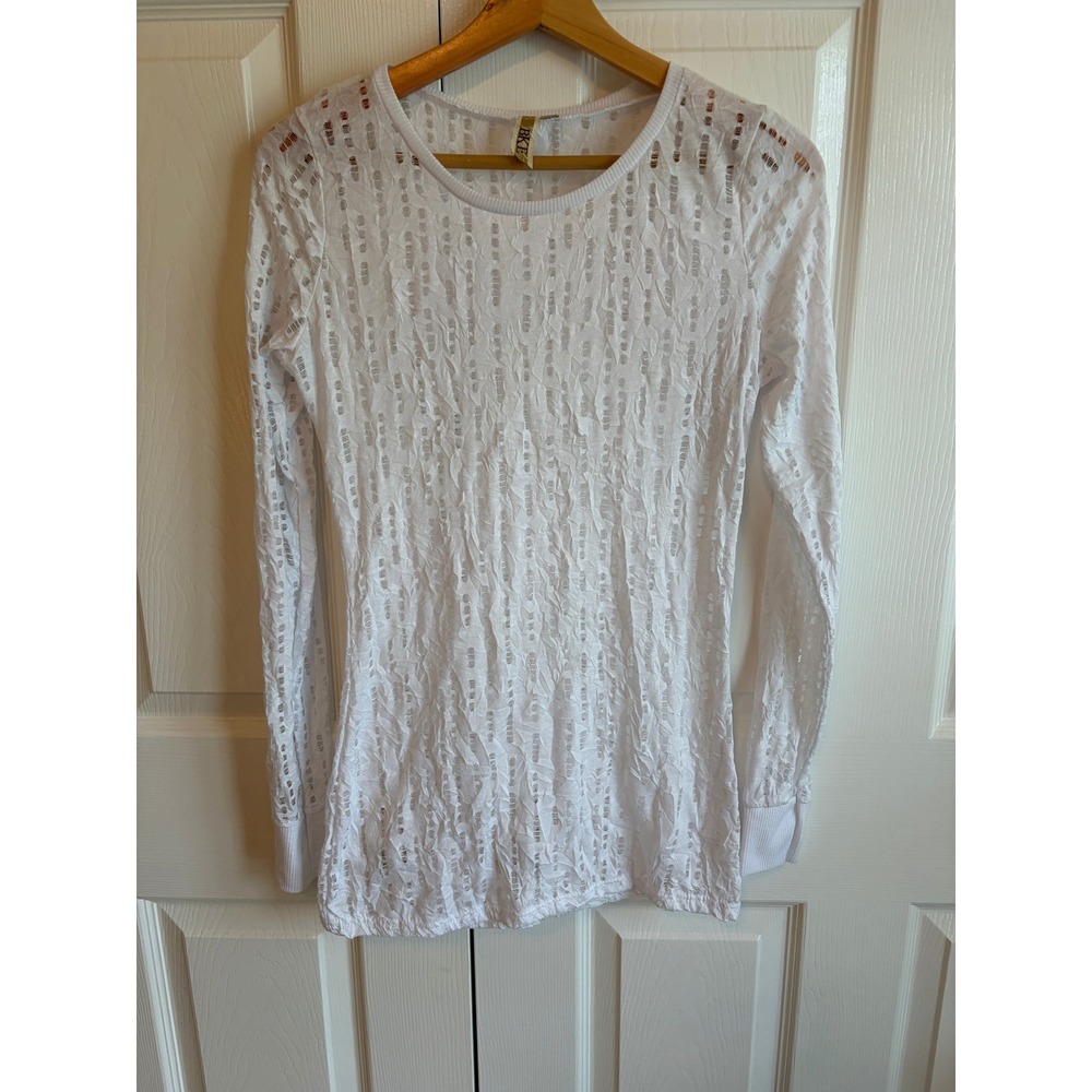 BKE Womens White Distressed Burnout Long Sleeve Top UP423TB Size L Small Fit